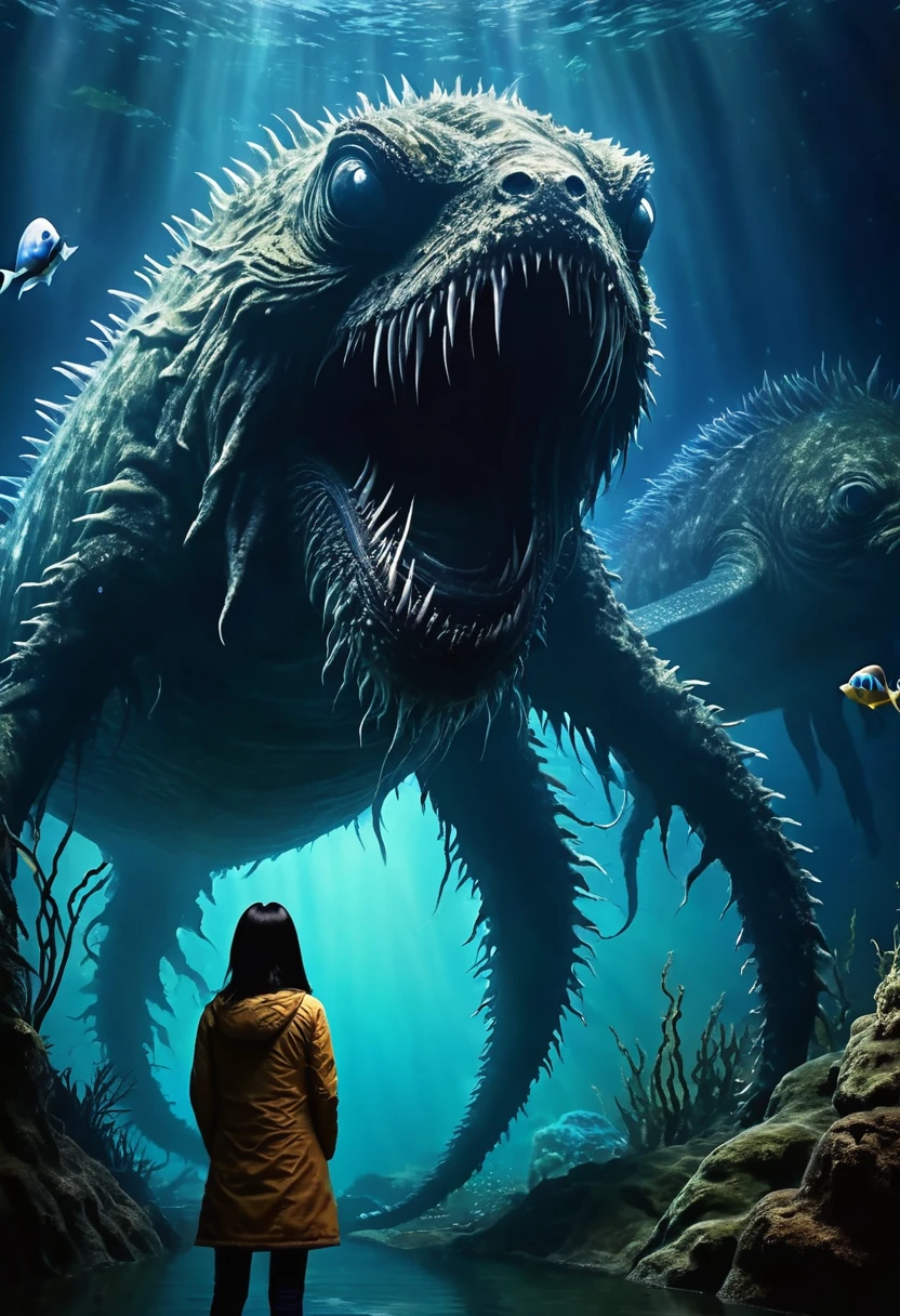 Deep sea unidentified creatures。scared。huge。feel ill。The background is realistic。I included a person to compare the size.