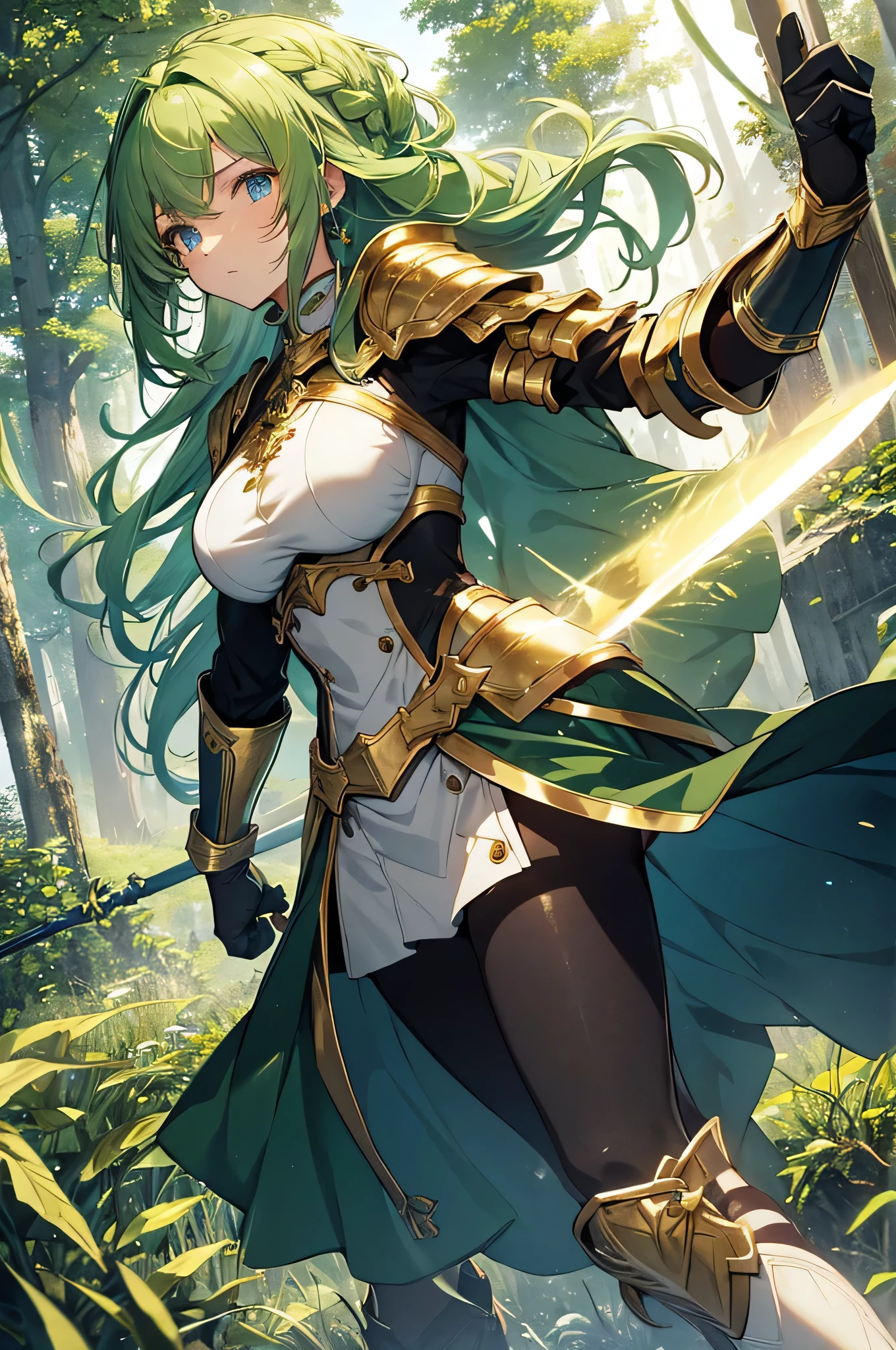 4K,High resolution,One Woman,Green Hair,long hair,Braid,Blue Eyes,Big Breasts,Brave,Golden Armor,Heavy Armor,Full Armor,White boots,White gloves,Black tights,hair band,Jewelry decoration,Golden Sword,in the forest