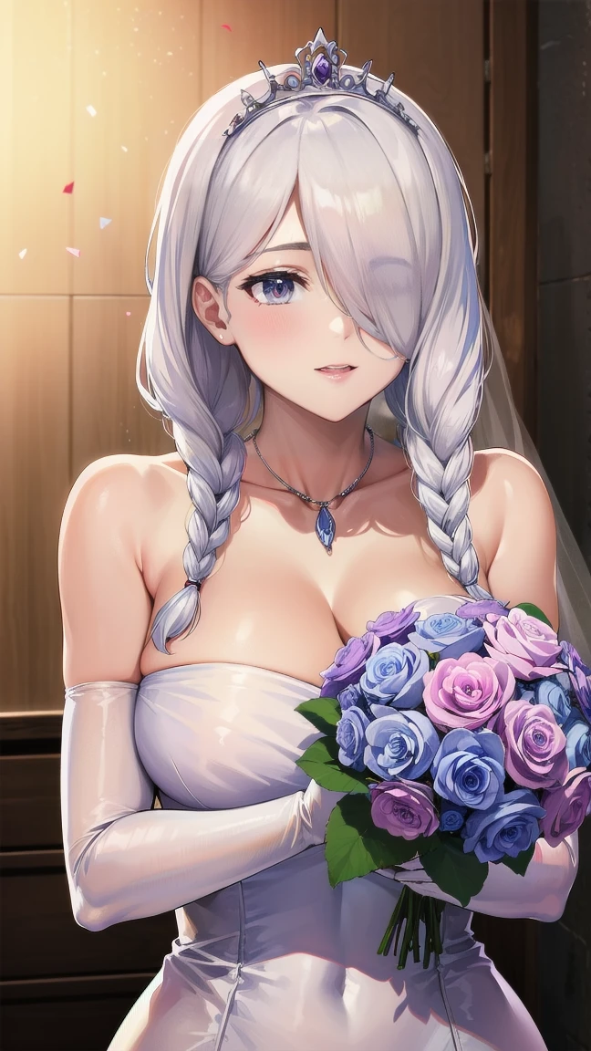 masterpiece, best quality, highres, aaichika,  tiara, bridal veil, necklace, cleavage, wedding dress, strapless dress, white dress, white gloves, elbow gloves, garden on background, smile, open mouth, tears, upper body, confetti, holding bouquet, bouquet,mei mei, long hair, very long hair, braid, (hair over one eye:1.5), braided ponytail, one eye covered, braided bangs, (purple eyes:1.1), Purple lipstick on the lips