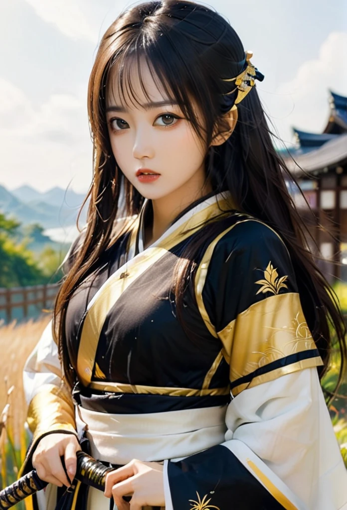 a princess with black and gold sumai armor, shougan armor, holding a long katana, glassy glowing eyes, brown long hair, landscape view