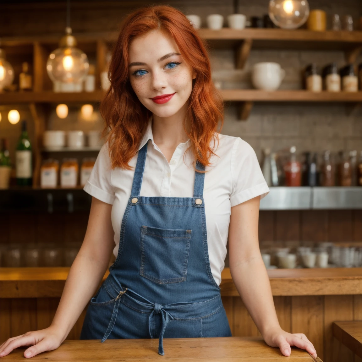 there is a girl, ((best quality)), ((detailed)),(masterpiece), ((perfect face, young)), ((red hair)), ((blue eyes)) long hair, freckles, makeup, natural face expressions, red lips, slightly smiling, standing, wearing jeans and a top with an apron ((female waitress)), capture to thighs