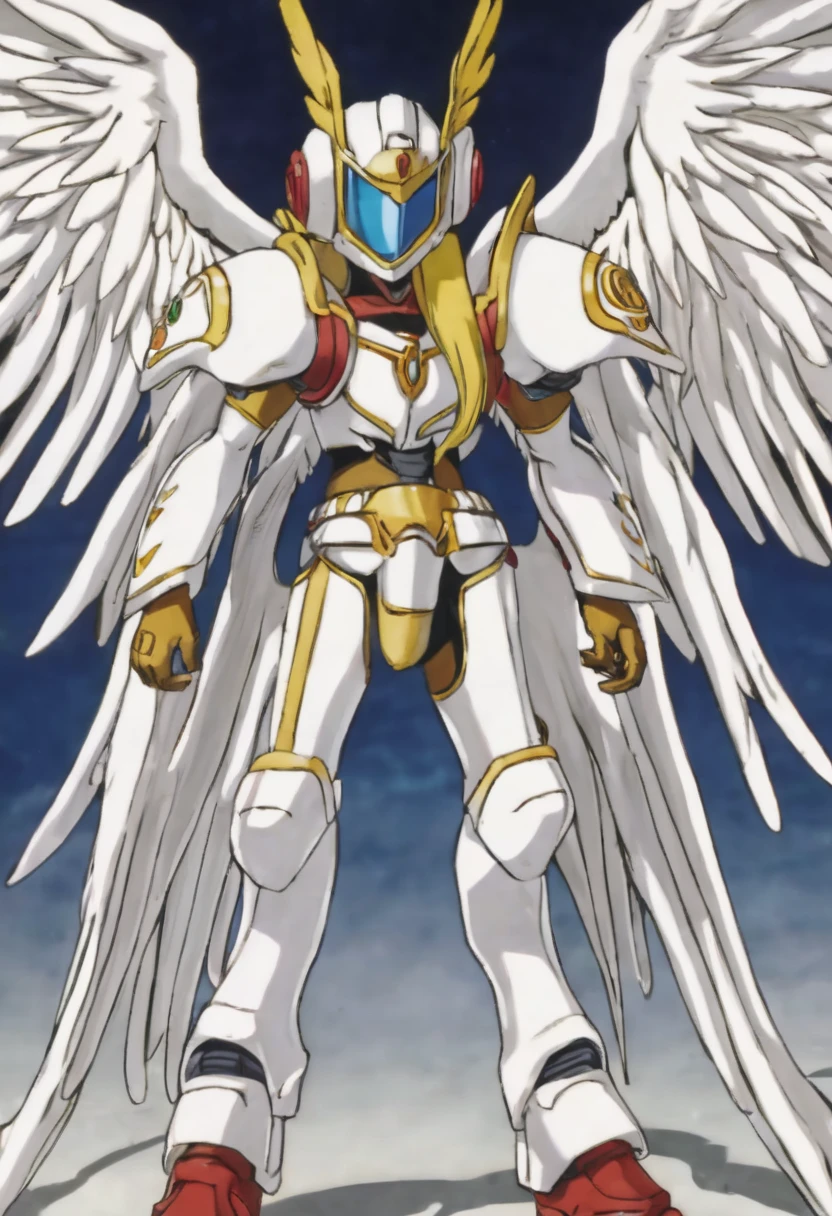 Angemon de Digimon Adventure, 1man,, solo, full body, blonde hair, head wings, helmet, (covered eyes:1.7), long hair, white battlesuit, angel wings, feathered wings, wings, anime screencap, american cowboy shot, masterpiece, the best quality, super detailed