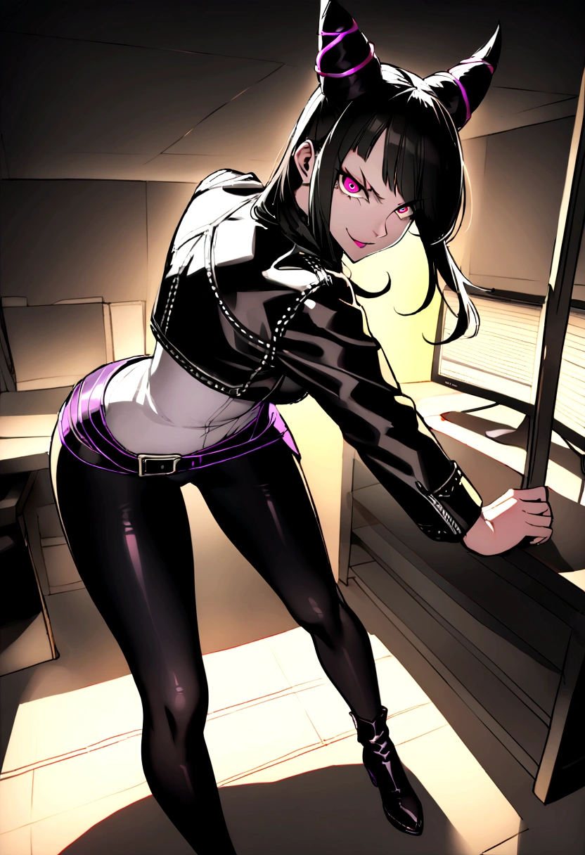 juri han,looking back,beautiful young warrior , with a very detailed and beautiful face, beautifuleyes, beautifuleyes, gorgeous face, glowing purple eyes,beautiful young woman wearing long black leggings with black details, usando leather jacket preta, Standing in an office, wearing black boots, horn hair, with black fringe, , evil smile ,white sweater with strap around, serious look,usando leather jacket preto, leather jacket,standing backwards,yellow lighting, evil smile,leggings,looking at tran