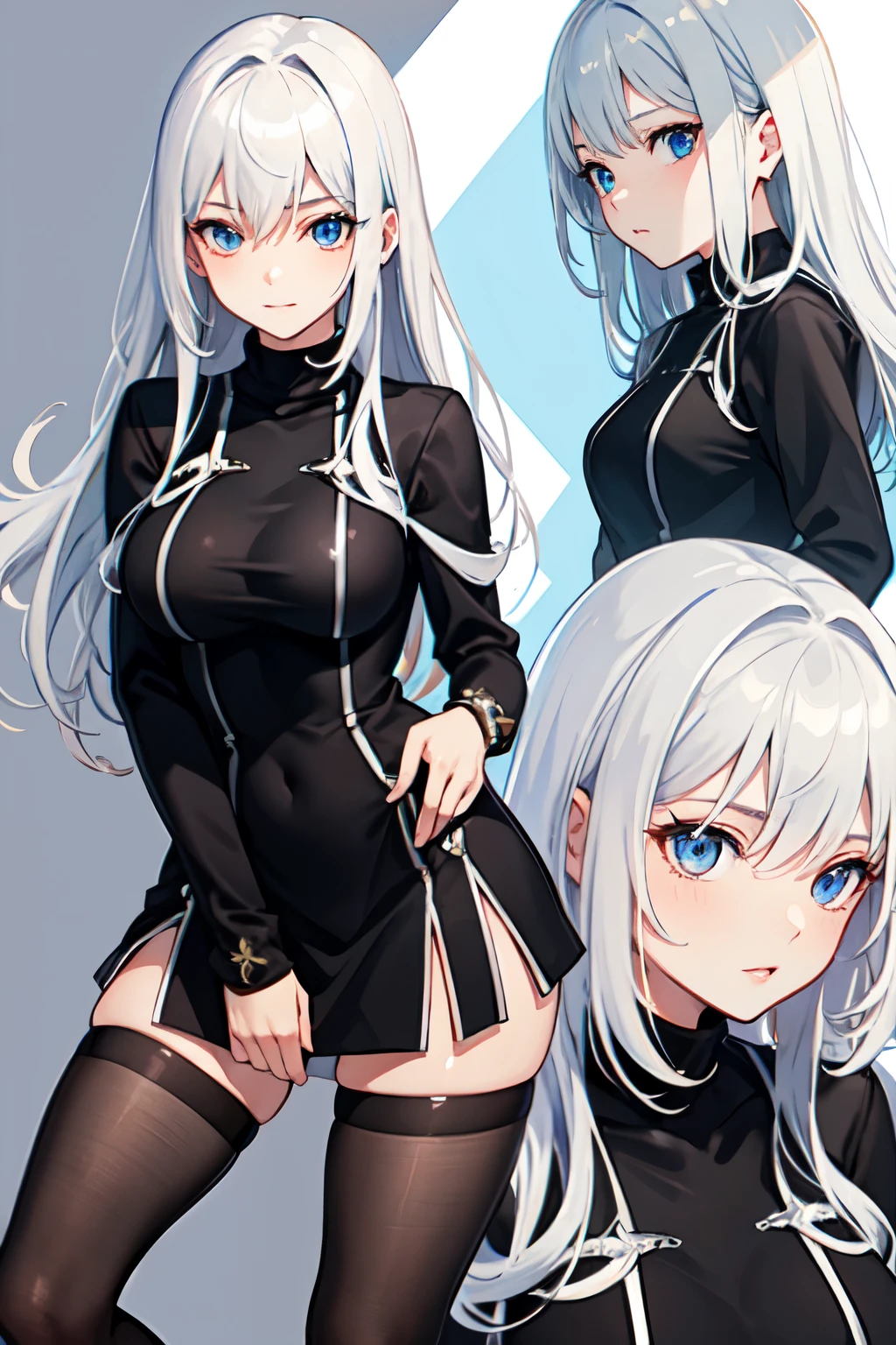 ((Biologically correct number of limbs))、(( Full body photo including face))、4K、masterpiece、((focus on the face))、((Symmetrical facial features))、Eyes with detailed description、Beautiful woman、outstanding style、beautiful arms、beautiful legs、beautiful hands、(small ass、thin thighs)、Detailed depiction of faces、small earrings、necklace、(latex uniform、Skirt、high heels、stockings)、close up of face、smile、blue-silver hair、blue eyes、