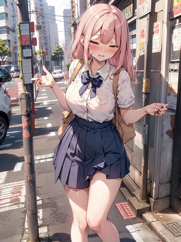 (pussy juice:1.5,ahegao, blush),Are standing, Navy pleated skirt, On the way to school, blush
