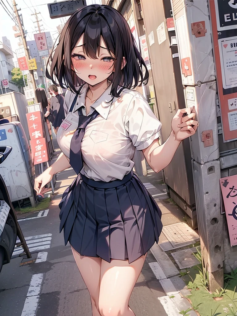 (pussy juice:1.5,ahegao, blush),Are standing, Navy pleated skirt, On the way to school, blush