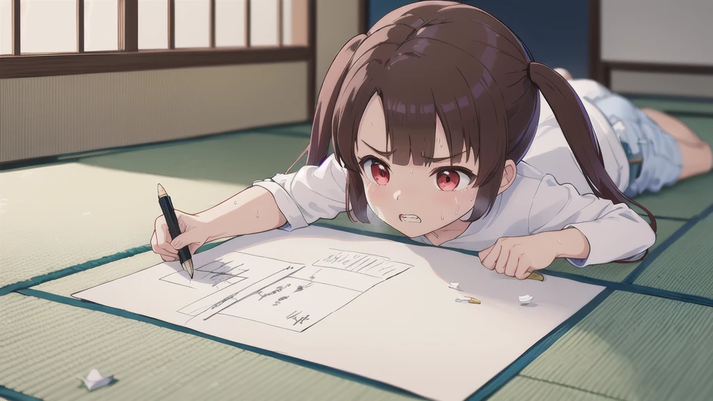 Dilapidated and dark Japanese-style room,blue sky,cloud,On the tatami_Leaning forward while sitting upright,Near your desktop PC,indoor,1 Girl, 独奏, Red eyes, Twin tails, brown hair,crawling,((顔 focus)),upper body,White shirt,Blue denim pants, bangs, eyebrows visible through hair, Flat Chest,Look Down,teeth ,annoyed,panicking,((Write on loose-leaf paper with a pen)),((Sweat)),