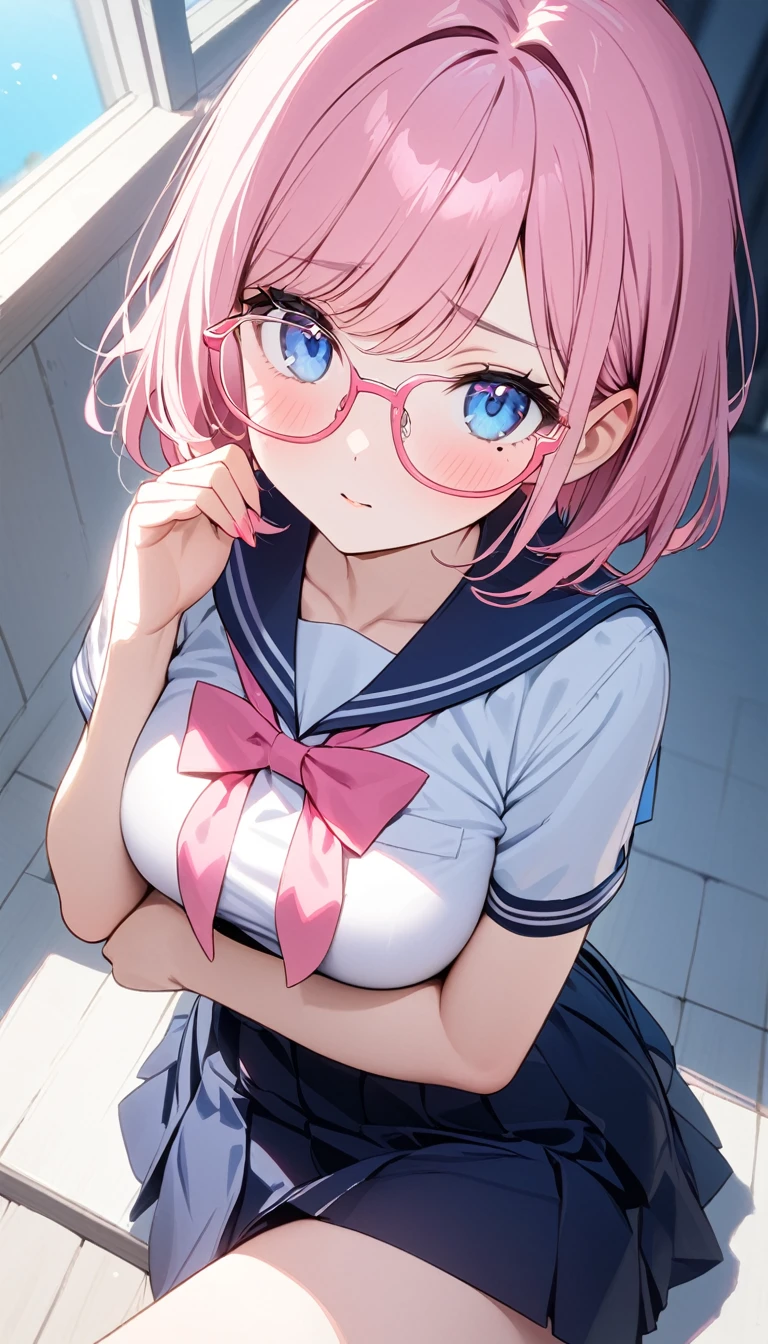 milf is female teacher, realistic, flat chest, NSFW, glimpse of colorful bra, glimpse of colorful panties, suit half off, classroom, blush, embarrassment, sweat, breath, eyes removed,
