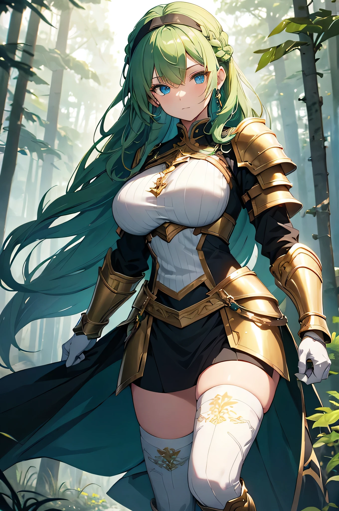 4K,High resolution,One Woman,Green Hair,long hair,Braid,Blue Eyes,Big Breasts,Brave,Golden Armor,Heavy Armor,Full Armor,White boots,White gloves,Black tights,hair band,Jewelry decoration,Golden Sword,in the forest