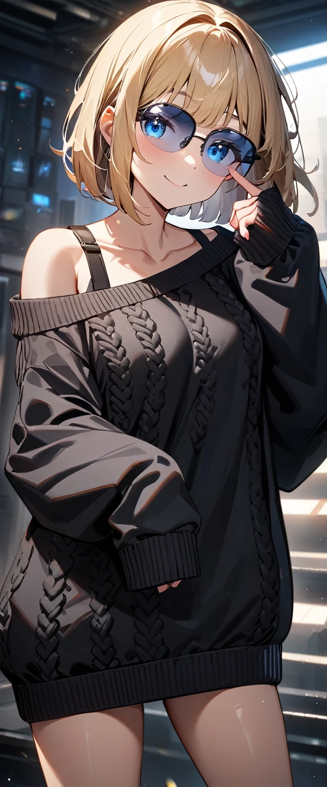 (((One girl))), blond hair, bob cut, (cowboy shot), (looking at viewer), ((black sweater:1.3、Quite thick shoulder straps、sleeves past wrists)), (((off-shoulder, open collar, oversized))), face in focus, ager, head tilt:1.3, (((blue eye))), ((happy smile)), ((blush)), contrapposto, one hand on hip, black panties, anime style, (best quality, 4k, 8k, highres, masterpiece:1.2, ultra-detailed, ultra-detailed eyes, HDR, UHD, studio lighting, ultra-fine painting, sharp focus, physically-based rendering, extreme detail description, professional, vivid colors, bokeh)