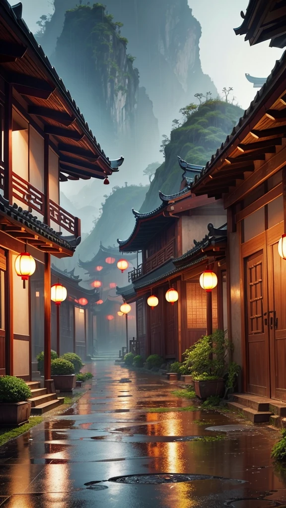 Chinese village with rain