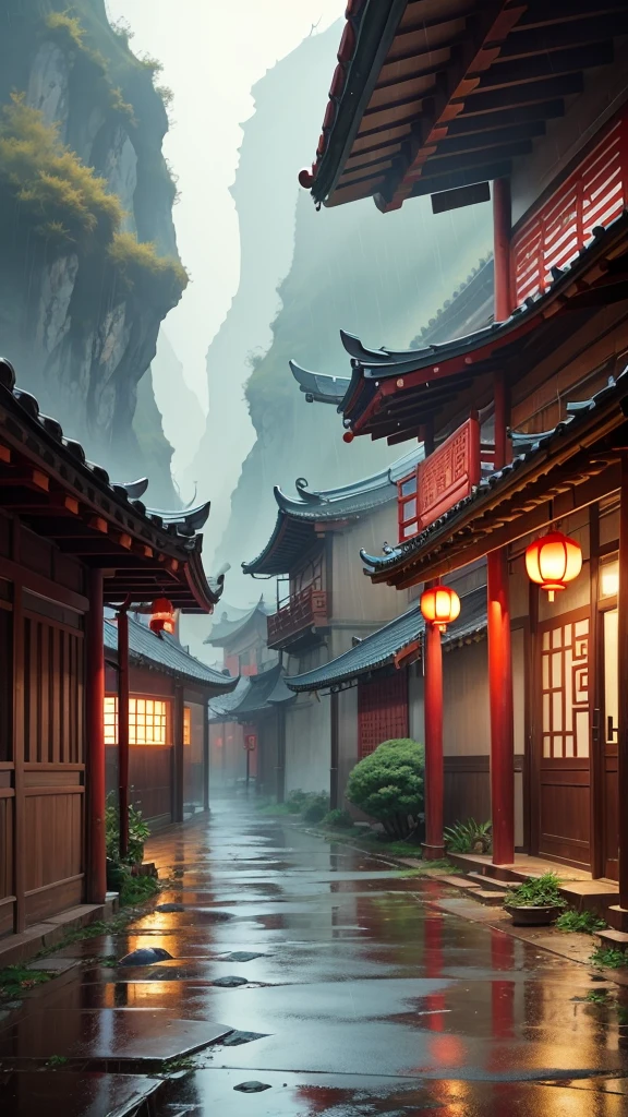 Chinese village with rain