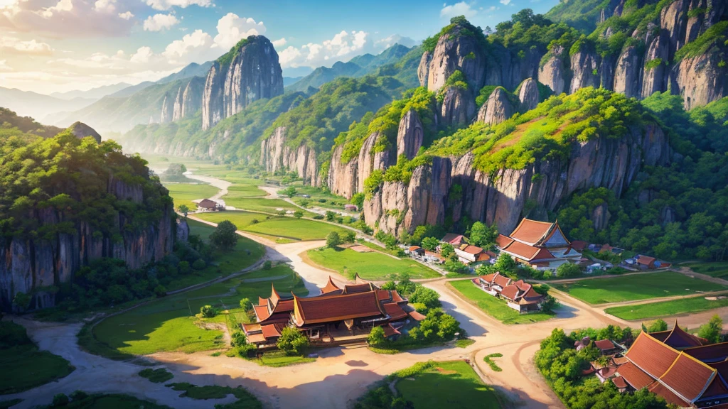 Beautiful scenery of an ancient village in Laos. Aerial view, Photorealistic photos, High definition,8K