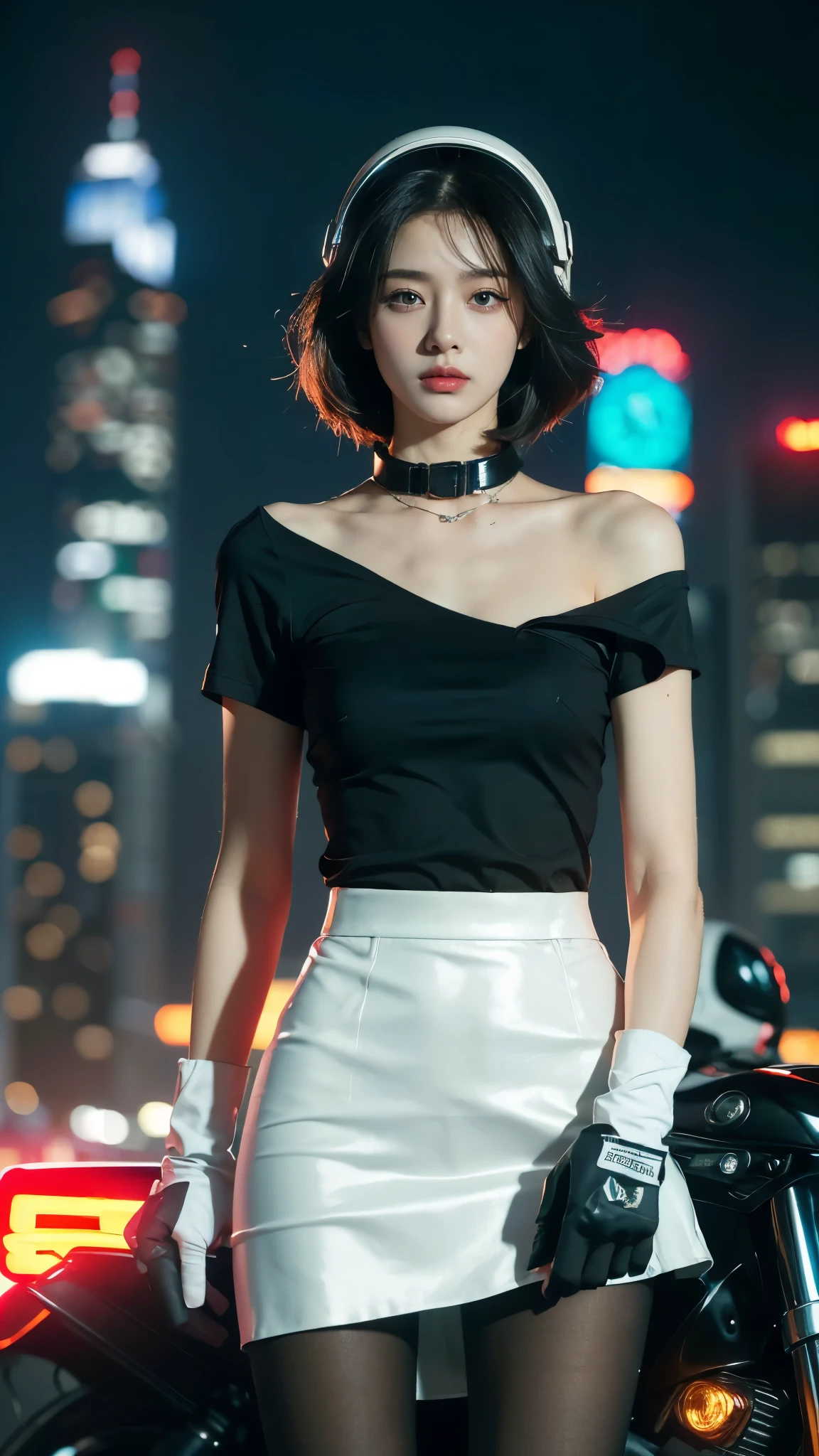 (((best quality))),(((very detailed))),(((masterpiece))),illustration,(1 beautiful girl,alone),((slim,thin)),((big bust,flat chest)),(crash helmet:1.3),shoulder length straight bob hair,slim 다리,cyberpunk, city streets,(riding a motorcycle:1.3), smooth, (white collar short sleeve shirt:1.3),(Gloves:1.2),( random color skirt:1.3),(pantyhose:1.3), stylish boots, trust, crystal, dark street,neon lights, skyscrapers, city noise, traffic, Siren, sounds of the city, futuristic, Dystopian societies, technology, fashion, explosive cocktail, style, , modernity, demeanor, soul, anything is possible,((in front,upper body))