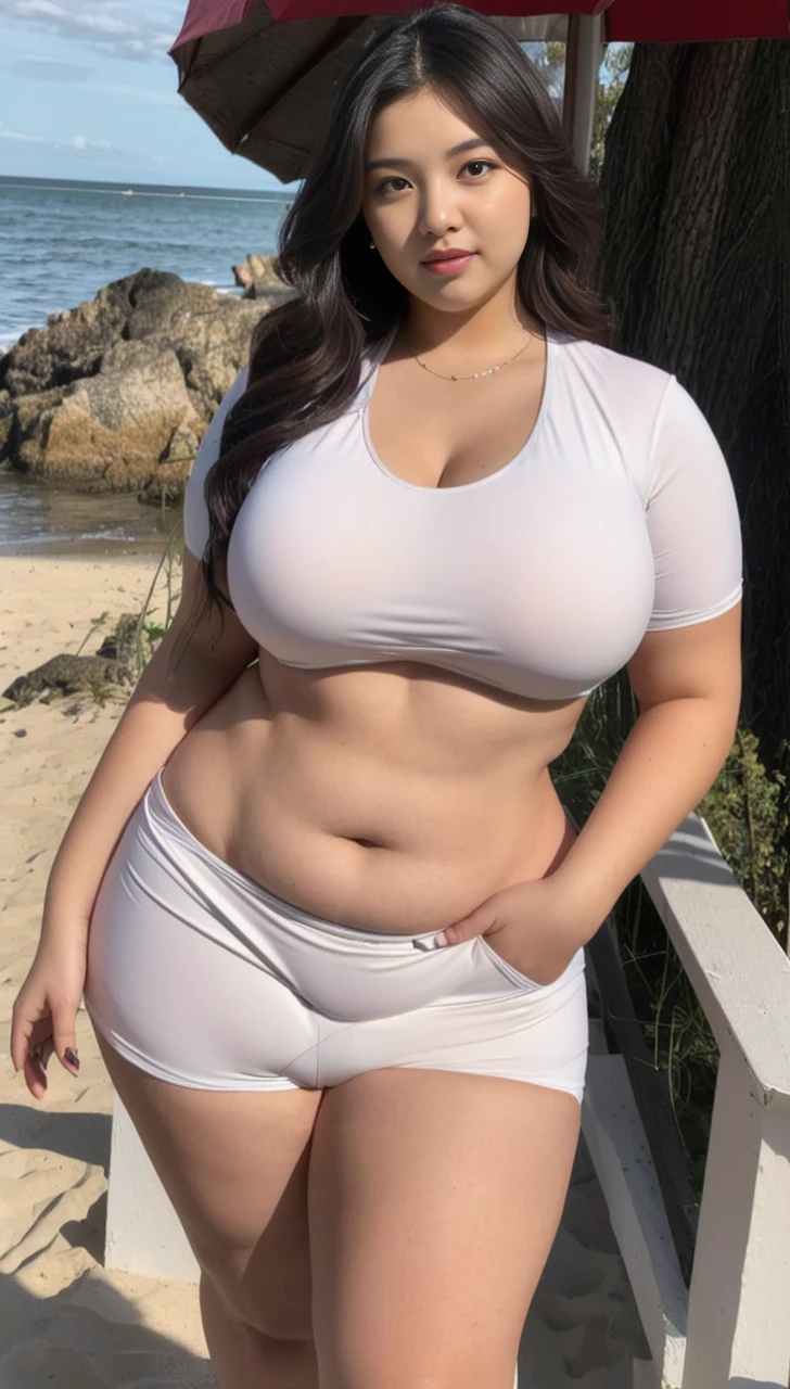 ((best quality)), ((masterpiece)), (detailed), perfect face, araffeTight skirtsShort , thicc, wavy short hair, she has a jiggly fat round belly, bbwchan, wearing tight simple clothes, skinny waist and thick hips, widest hips, her belly is fat and round, soft curvy shape, hyperrealistic full figure, wearing a cute top, wide hips, Blue swimsuit,On the beach by the seaBlue