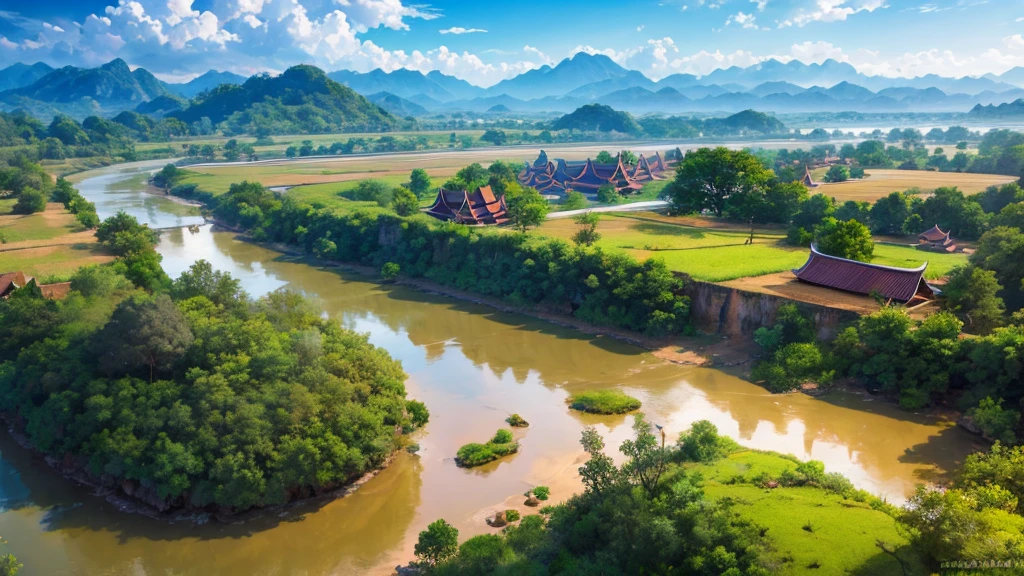 Beautiful scenery of an ancient village in Laos. Aerial view, Photorealistic photos, High definition,8K