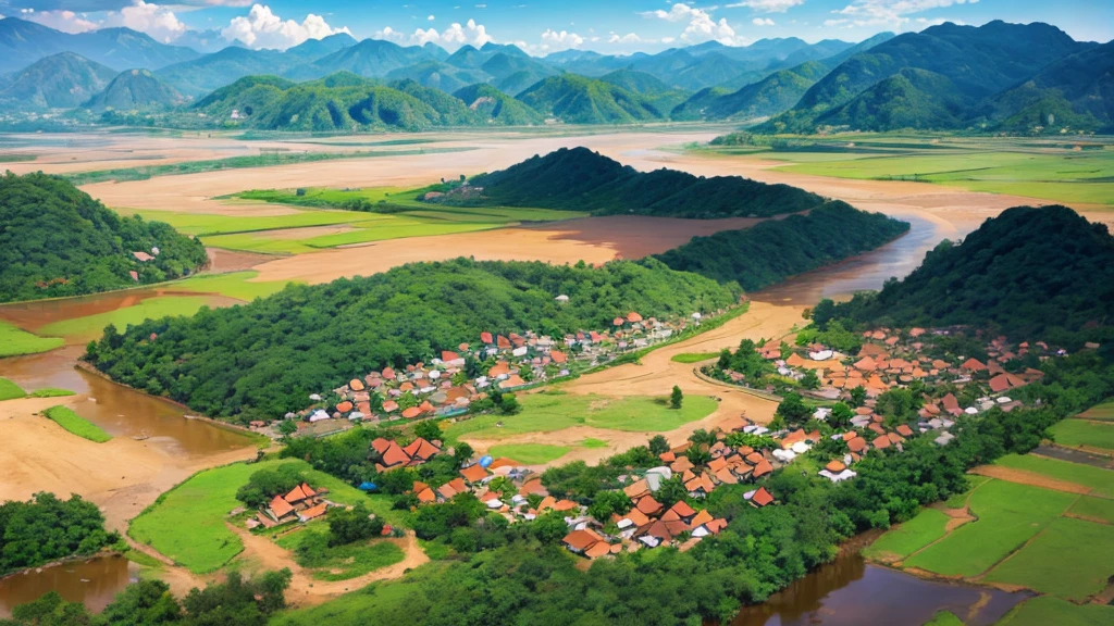 Beautiful scenery of an ancient village in Laos. Aerial view, Photorealistic photos, High definition,8K