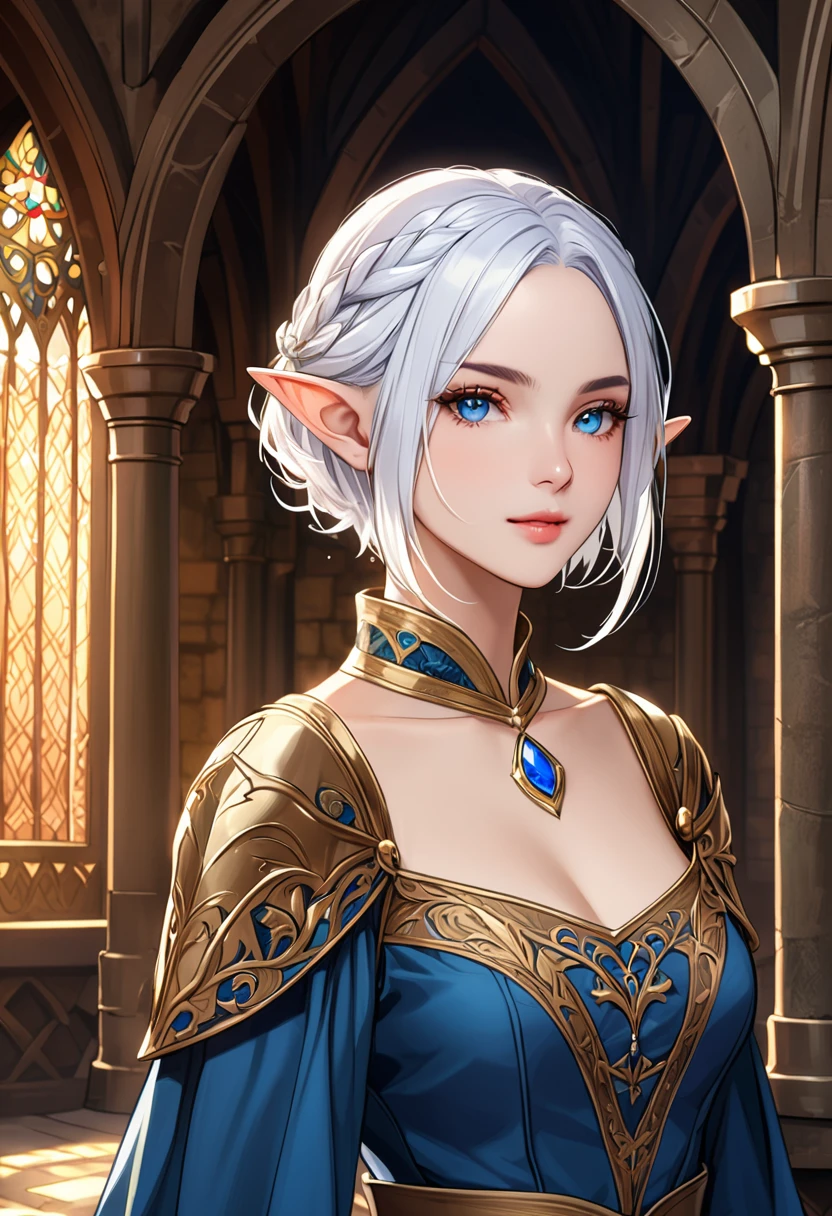 upper body , white hair ,blue eyes ,elf,short hair,Medieval Fantasy,luxury set,nobility,Top half