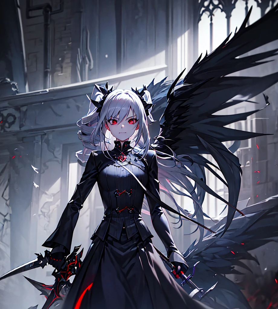 Silver hair, twin drills, abyss, growing large black wings, wielding a jet black sword in one hand, countless swords covering his body, sharp gaze, red light running through his eyes, turning up the corners of his mouth, blue flames, all alone, scary smile, his back is captured on camera, one hand on the ground