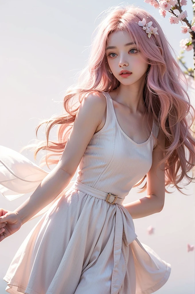 Light pink hair, pink eyes, pink and white, sakura leafs, vivid colors, white dress, paint splash, simple background, ray tracing, wavy hair