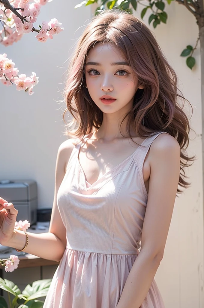 Light pink hair, pink eyes, pink and white, sakura leafs, vivid colors, white dress, paint splash, simple background, ray tracing, wavy hair