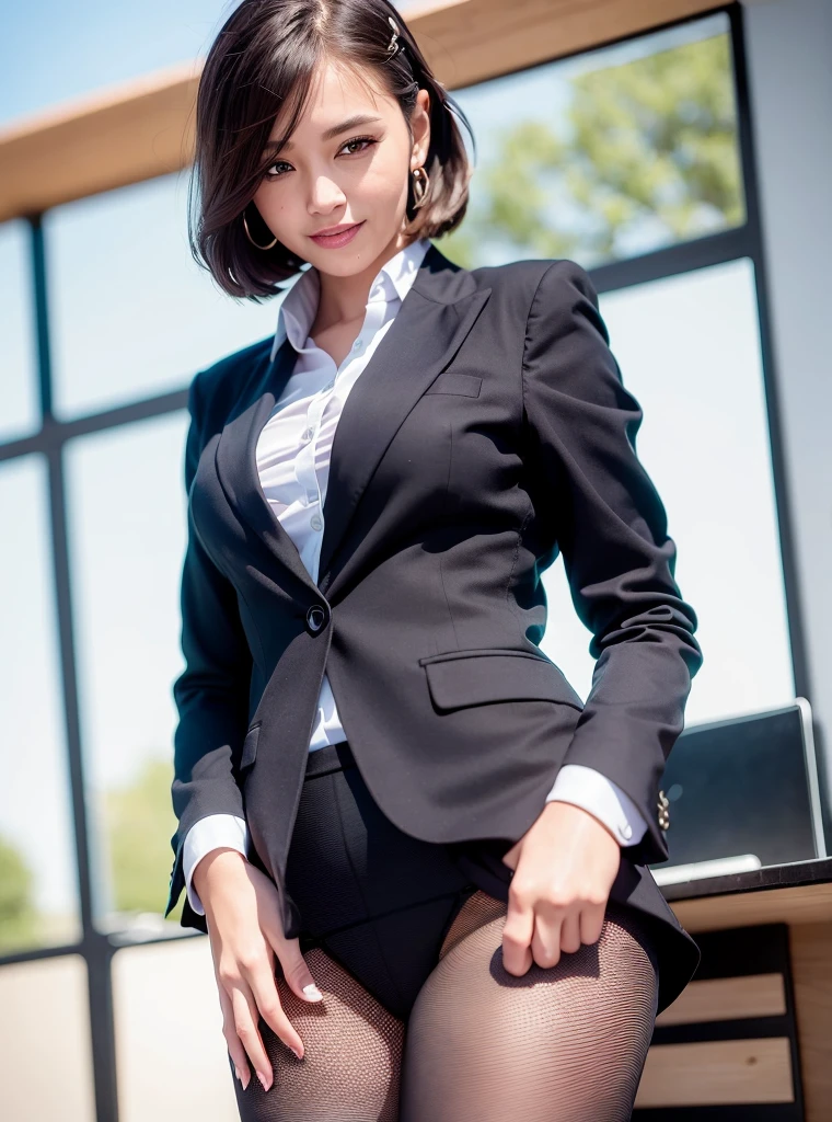 (8k, best quality, masterpiece:1.2),
(realistic, photo-realistic:1.37),
ultra-detailed,

1 girl, full body, outdoors, (adjusting hair:1.5)
office lady, black officeblazer, officeskirt, (pantyhose:1.2), (short buttoneddownshirt:1.2), buttonedupcollarprim, buttoneddowncollarprim, bra, (pantyhose:1.2), alphalayers, highheels,

beautiful earrings,
cute,
solo,
beautiful detailed sky,
(smile:1.15),
(closed mouth),
small breasts,
beautiful detailed eyes,
business attire,
(short hair:1.2),
floating hair NovaFrogStyle,