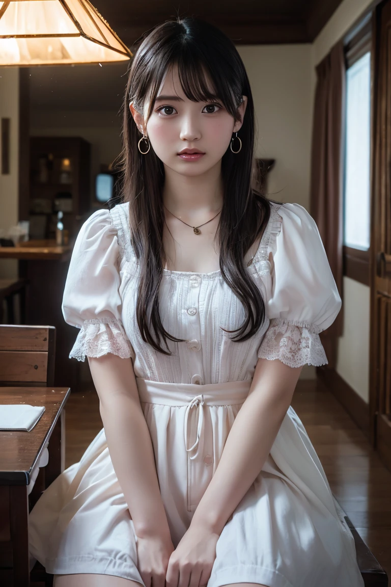 (Highest quality:1.4),(masterpiece:1.4),(Realistic:1.4),(Realistic:1.2),(超High resolution, RAW Photos:1.4),(High resolution, Ultra-detailed:1.2),(8K:1.2),View your viewers,Cinematic photography,One girl,skeletally correct,Black-haired woman,(Small earrings,necklace,Pink Sweet ta,View from the front),(Western-style building interior,Dimly lit room,The lamplight shines on my cheeks)