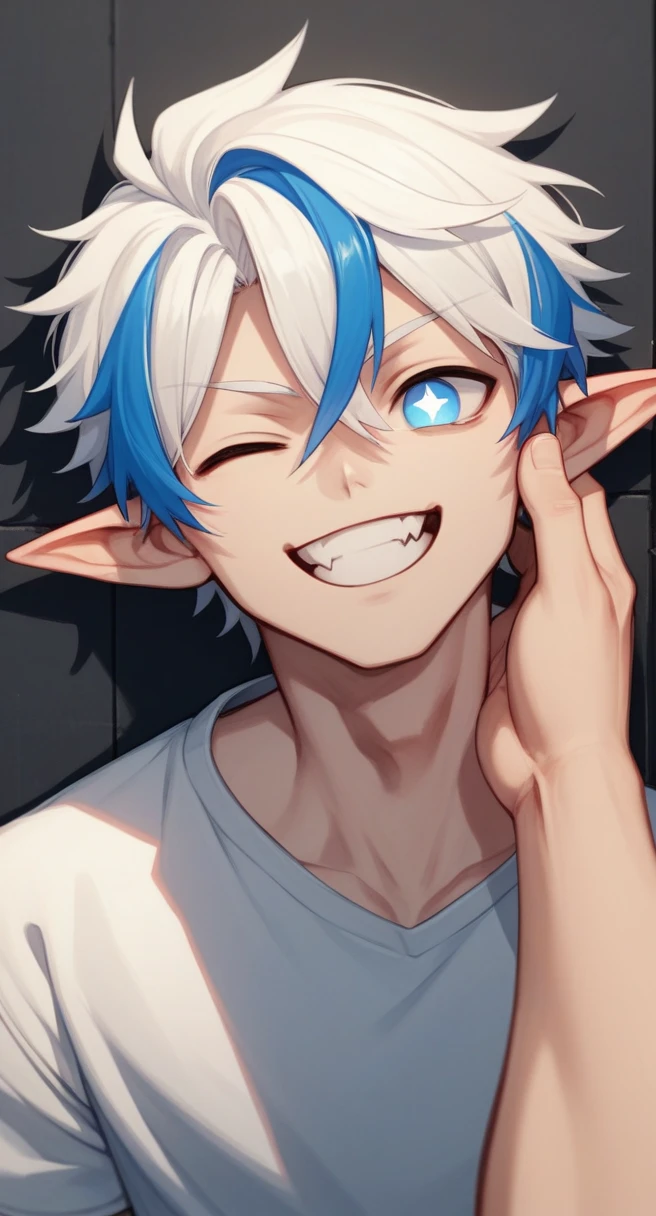 fang, white hair, wince, blue eyes, streaked hair, boy, hair strand, pointy ears, bright pupils, naughty, smile, drop shadow, anaglyph, stereogram, tachi-e, anime style, high detail, stats, first-person view, 8k, super detail, masterpiece, anatomically correct