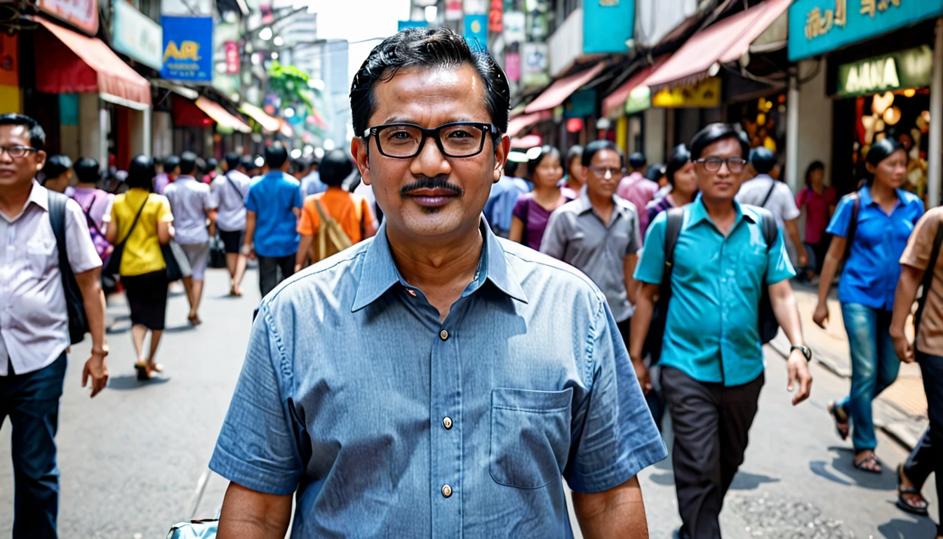 Mr A is a 45 year old man with short black hair, slightly white and gray, wearing a simple blue shirt, black BL glasses, comes from Indonesia. Background at Busy city street with people walking, Midday, Atmosphere: Lively, bustling, Emotion Mr.A: Curious, captivated, Camera Angle: Medium shot of the Mr.A walking, Mr.A looking around. (full body, super details, super focus, extra realistic, extra cinematic, 8K)