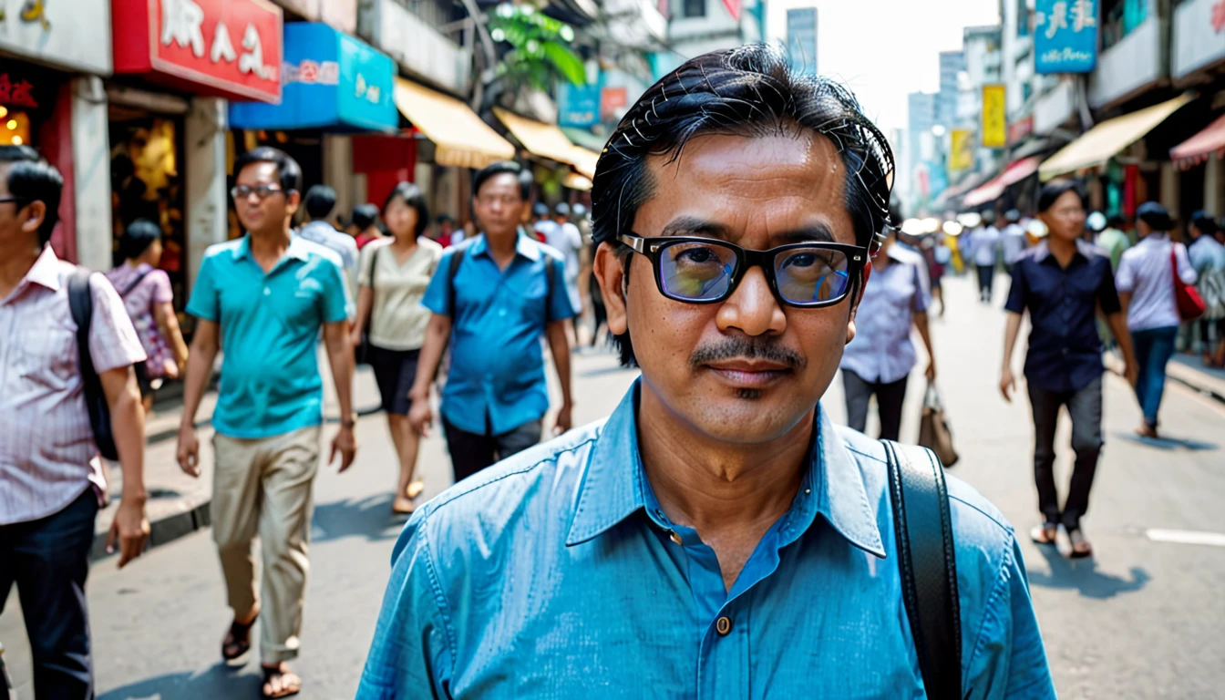 Mr A is a 45 year old man with short black hair, slightly white and gray, wearing a simple blue shirt, black BL glasses, comes from Indonesia. Background at Busy city street with people walking, Midday, Atmosphere: Lively, bustling, Emotion Mr.A: Curious, captivated, Camera Angle: Medium shot of the Mr.A walking, Mr.A looking around. (full body, super details, super focus, extra realistic, extra cinematic, 8K)