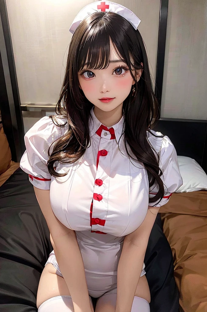 (seductive smile), (((24yo, gyaru))), masterpiece, (((wearing tight nurse uniform)), (allfours), ((large breasts)), ((large hip)), (shiny skin), ((skindentation)), photorealistic, realistic, solo, photorealistic, best quality, ultra high res, YuraS, bed, parted lips, beautiful, masterpiece, best quality, extremely detailed face, perfect lighting, ultra high res, ultra detailed