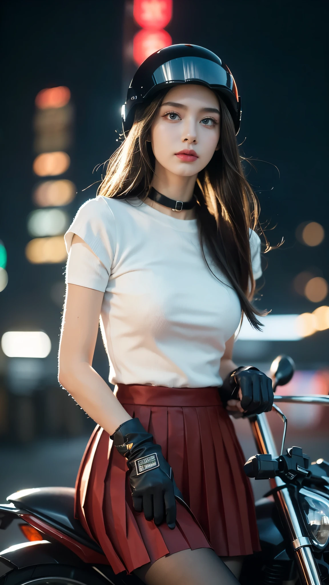 (((best quality))),(((very detailed))),(((masterpiece))),illustration,(1 beautiful girl,alone),((slim,thin)),((big bust,soft chest)),(crash helmet:1.3),shoulder length straight bob hair,slim 다리,cyberpunk, city streets,College student,(riding a motorcycle:1.3), smooth, (white collar short sleeve shirt:1.3),(Gloves:1.2),(Red color pleated skirt:1.3),(pantyhose:1.3), stylish boots, trust, crystal, dark street,neon lights, skyscrapers, city noise, traffic, Siren, sounds of the city, futuristic, Dystopian societies, technology, fashion, explosive cocktail, style, , modernity, demeanor, soul, anything is possible,((in front,upper body))