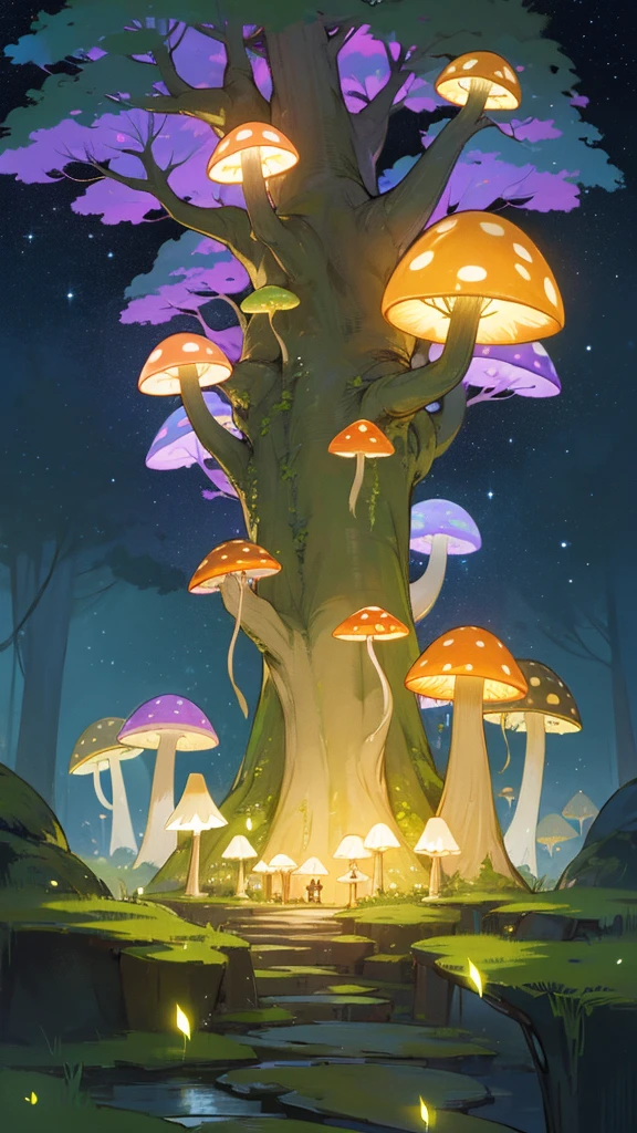 「Glittering fireflies fly around、Fantastic Enchanted Forest。Giant Tree々stretches high into the sky、Colorful mushrooms grow at its base.。」「Magical forest shrouded in morning mist。Mysterious creatures growing on trees々Walk between、Ancient stone monuments stand silently。」