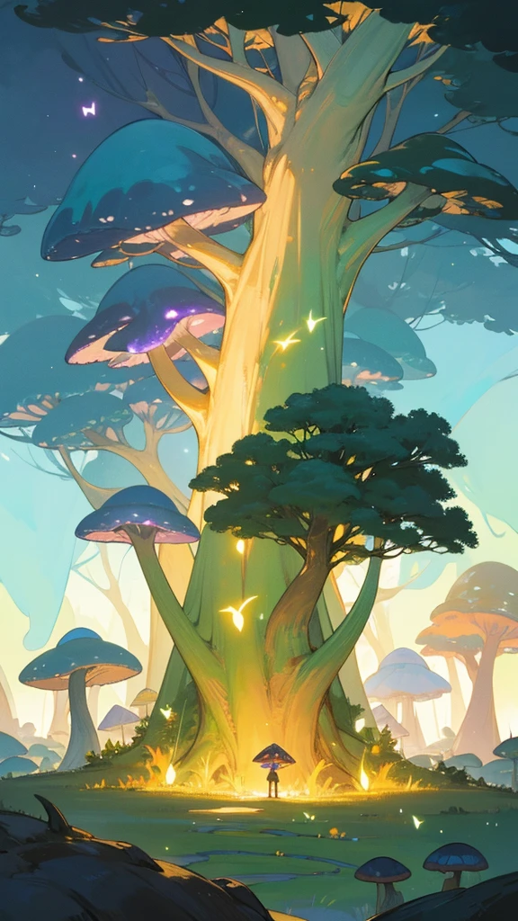 「Glittering fireflies fly around、Fantastic Enchanted Forest。Giant Tree々stretches high into the sky、Colorful mushrooms grow at its base.。」「Magical forest shrouded in morning mist。Mysterious creatures growing on trees々Walk between、Ancient stone monuments stand silently。」