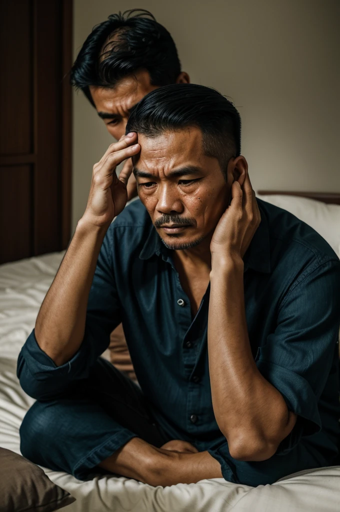 This Thai man has a sad and gloomy appearance. He had a tired and hopeless look on his face. His eyes may have tears or a blank look. His lips are pursed or angled down. Expressing feelings of deep regret His hair may be disheveled or disheveled. The clothes you wear may not look as neat or carefree as before. His posture might be sitting with his head bowed, his head in his hands, or sitting quietly. Stay in a place where there are no crowds. His place might be somewhere quiet, like a park in the evening. Or a bedroom that is dark and doesn&#39;t have much light.