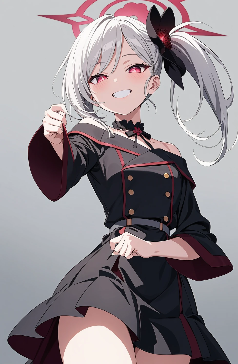 best quality, amazing quality, very aesthetic, absurdres, (1girl, mutsuki, blue archive, solo, red eyes, white hair, side ponytail), (artist official art:1.5), (grin, off-shoulder sweater ), (cowboy shot), (glowing eyes:1.3), (half closed eyes:0.9), (thigh), expressive eyes, perfect face, 4k, extremely detailed anime illustration, extremely detailed eyes, enhanced details, smooth skin, (gray background:1.5), clear eyes, beautiful face, small breasts, (Chiaroscuro:1.5),  (highres:2), undressing