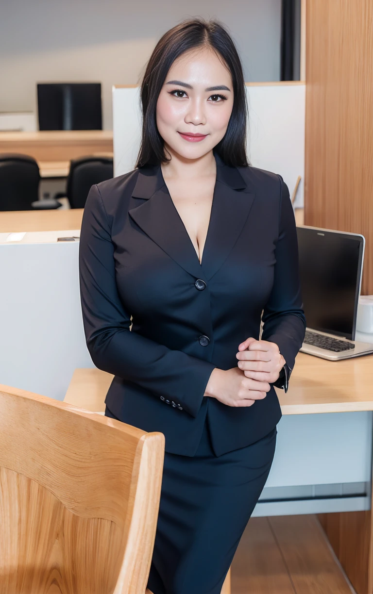 masterpiece, best quality, ultra-detailed, illustration, indonesian, 1 women, big breast forward chest, looking at viewer, best quality, (closed mouth, sad smile), beautiful detailed glow , (formal office outfit:1.3),(bad room), full body view, randome pose
