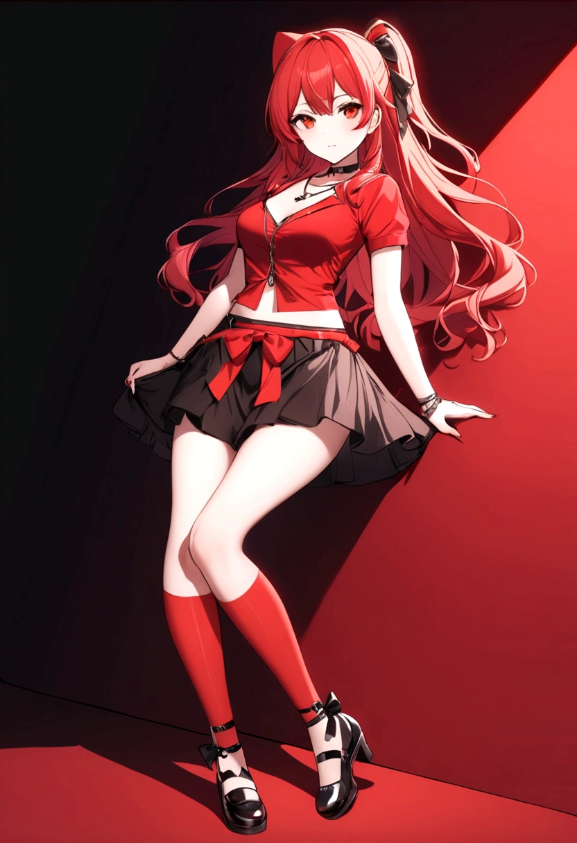 a girl with a red skirt and a black skirt that is under the red shirt . red stockings . red zip up hoodie, black shirt underneath with short sleeves and ,red hair, long hair and a flower with a ribbon on the bottom on the side on the hair and red eyes has a black Choker , and a small heart red necklace ,  has a ribbon bow waistband , ((full body))