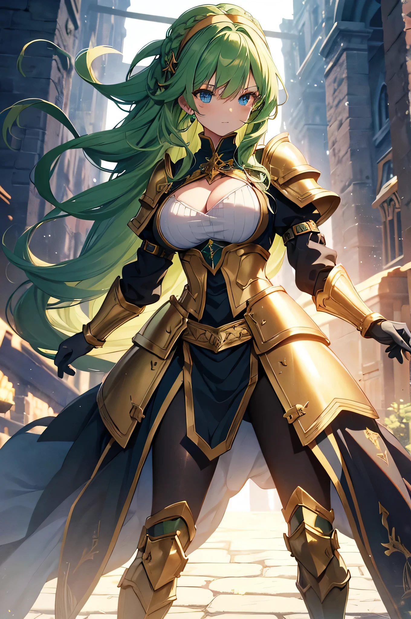 4K,High resolution,One Woman,Green Hair,long hair,Braid,Blue Eyes,Big Breasts,Brave,Golden Armor,Heavy Armor,Full Armor,White boots,White gloves,Black tights,hair band,Jewelry decoration,Golden Sword,Golden Shield,Medieval castle town
