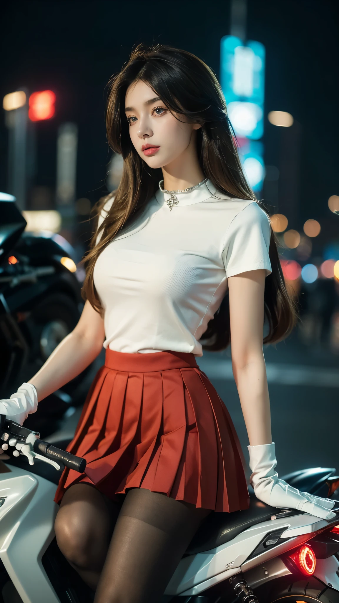 (((best quality))),(((very detailed))),(((masterpiece))),illustration,(1 beautiful girl,alone),((slim,thin)),((big bust,soft chest)),(crash helmet:1.3),shoulder length straight bob hair,slim 다리,cyberpunk, city streets,College student,(riding a motorcycle:1.3), smooth, (white collar short sleeve shirt:1.3),(Gloves:1.2),(Red color pleated skirt:1.3),(pantyhose:1.3), stylish boots, trust, crystal, dark street,neon lights, skyscrapers, city noise, traffic, Siren, sounds of the city, futuristic, Dystopian societies, technology, fashion, explosive cocktail, style, , modernity, demeanor, soul, anything is possible,((in front,upper body))