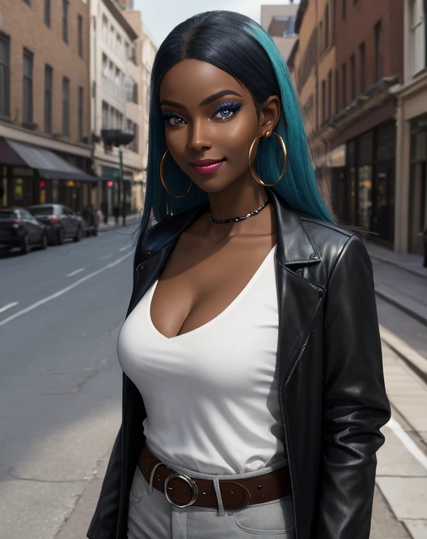 CGSsociety, 8K, ultra-realistic, masterpiece, best quality, (Detailed face:1.2), (Detailed eyes:1.2), solo, 1girl, nessacasual, aqua eyes, dark skin, makeup, smile, medium breasts, collarbone exposed, cleavage, Opened black jacket, white undershirt, grey pants, belt, hoop earrings, black boots, outdoors, city street
