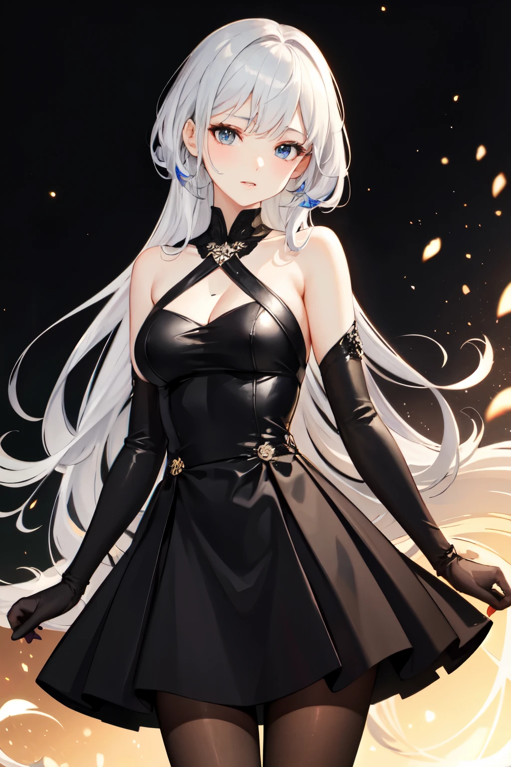((Highest quality)), ((masterpiece)), (detailed) Silver-haired beauty,Lewd,Slanted Eyes,black tights,Party Dresses