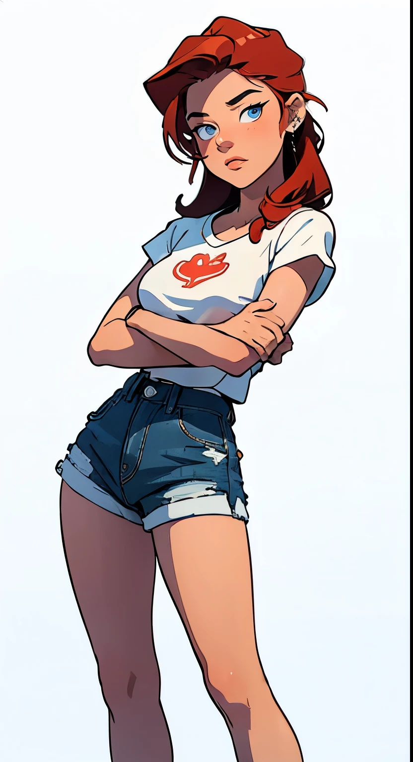 Fmasterpiece, best quality, full body,1girl,the highest image quality, 21-year-old woman, looks like Olivia Dunne, bright red hair, blue eyes, wearing a white graphic tee and denim shorts, large breasts, White background, empty background whole body , arms crossed, angry
