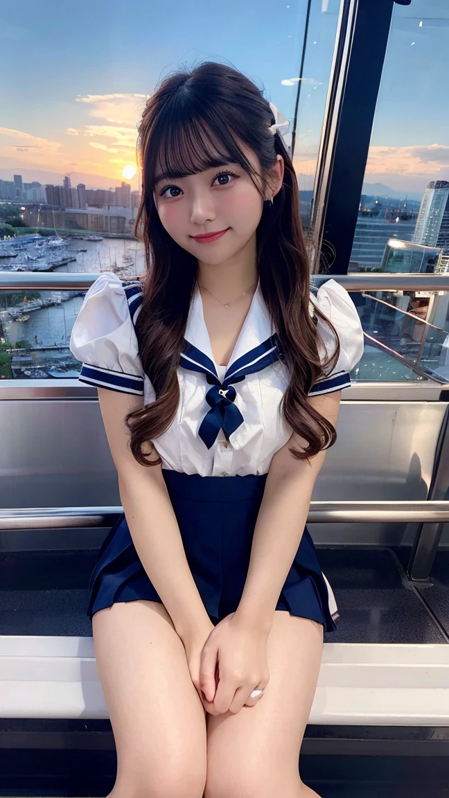 best quality, 1 beautiful woman, sailor uniform, mini skirt, sitting in ferris wheel, city view, holding hands, romantic atmosphere, sunset, high detail