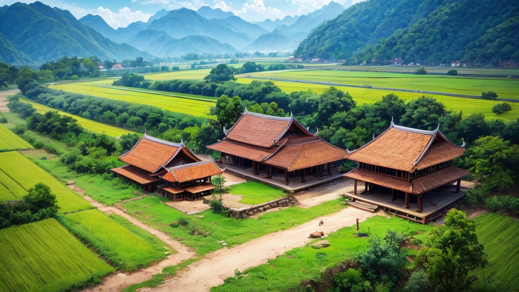 Beautiful scenery of an ancient village in Laos. Aerial view, Photorealistic photos, High definition,8K