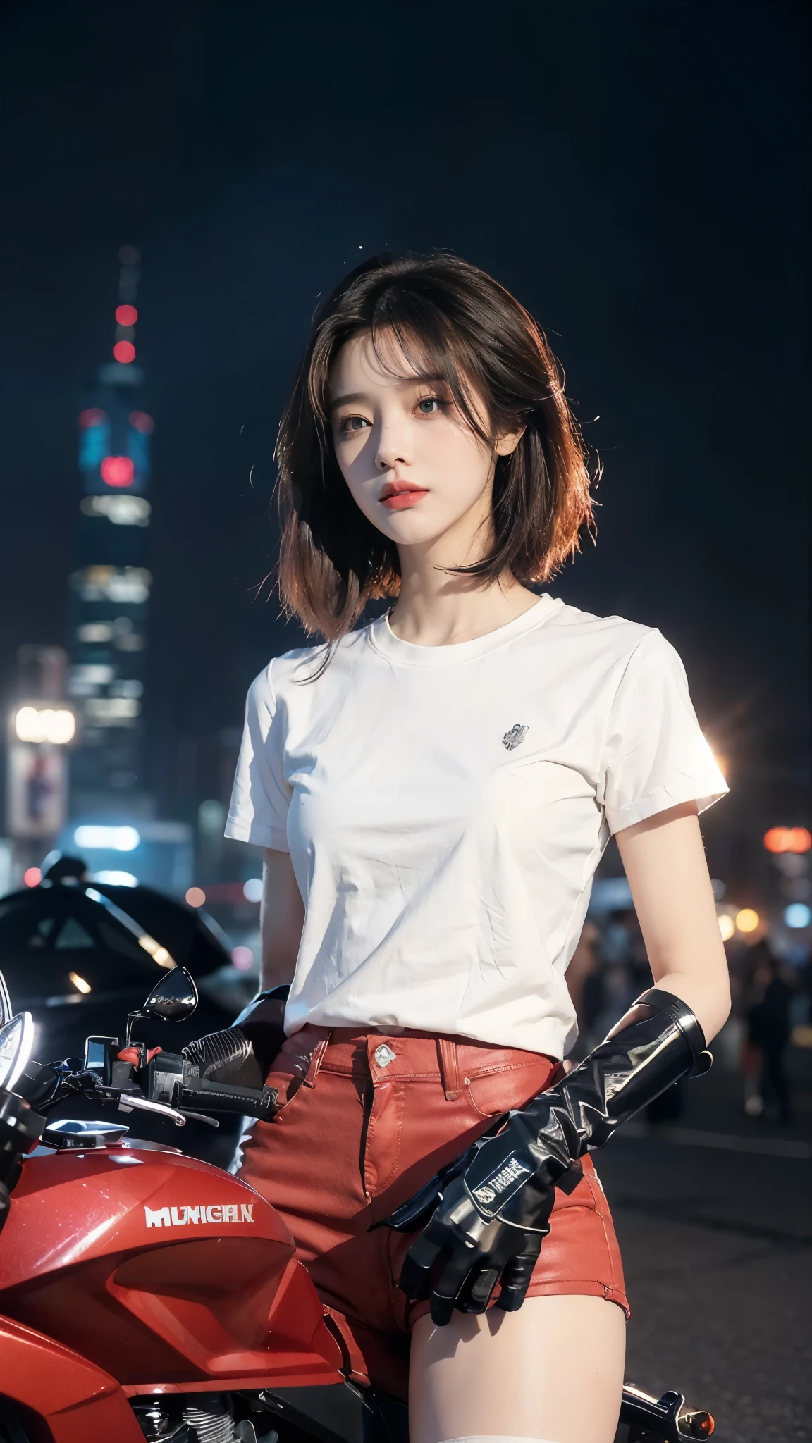 (((best quality))),(((very detailed))),(((masterpiece))),illustration,(1 beautiful girl,alone),((slim,thin)),((,flat chest)),(crash helmet:1.3),shoulder length straight bob hair,slim 다리,cyberpunk, city streets,20 years old,(riding a motorcycle:1.3), smooth, (white collar short sleeve shirt:1.3),(Gloves:1.2),(red color hot pants:1.3),(pantyhose:1.3), stylish boots, trust, crystal, dark street,neon lights, skyscrapers, city noise, traffic, Siren, sounds of the city, futuristic, Dystopian societies, technology, fashion, explosive cocktail, style, , modernity, demeanor, soul, anything is possible,((in front,upper body))