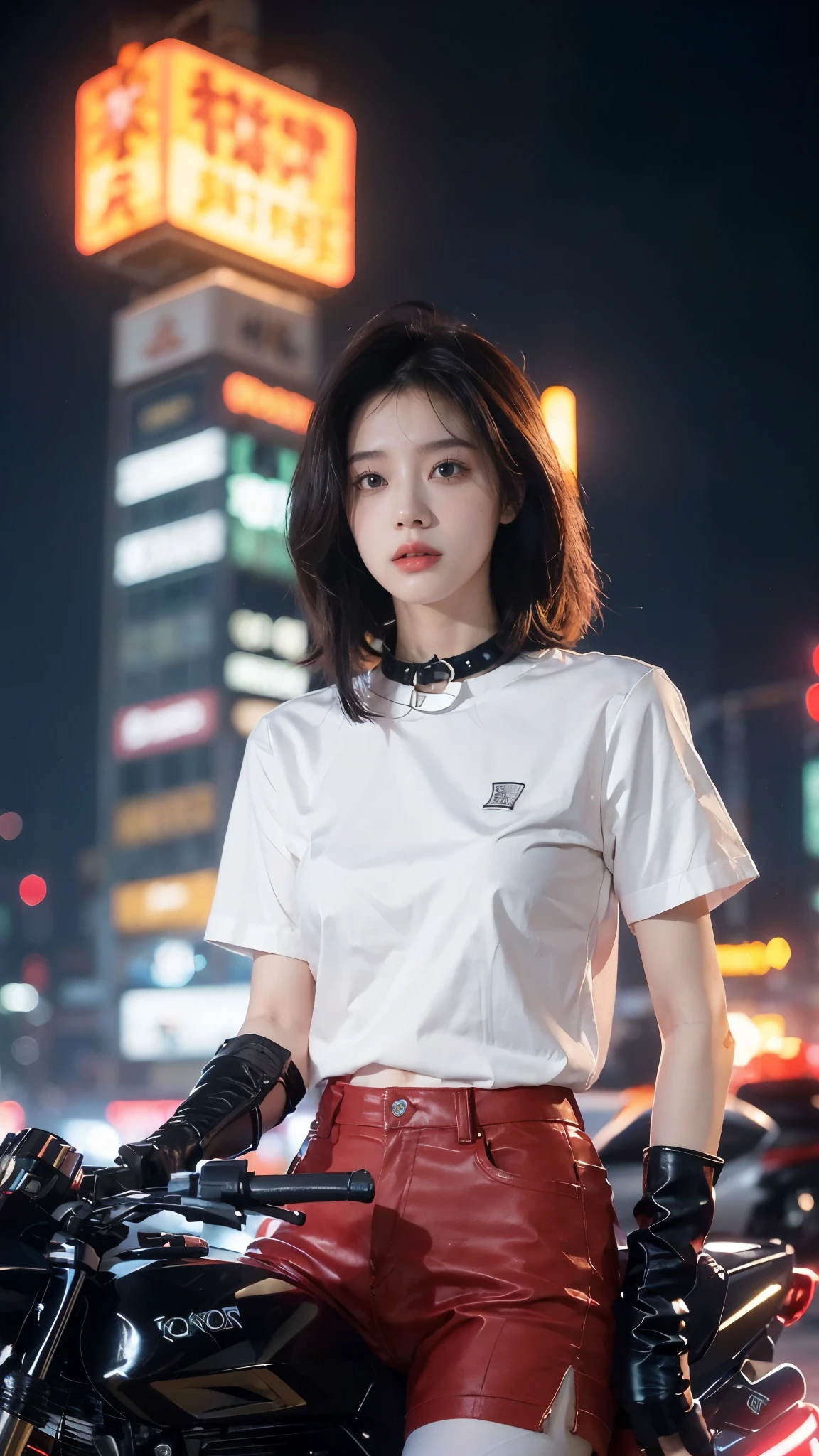 (((best quality))),(((very detailed))),(((masterpiece))),illustration,(1 beautiful girl,alone),((slim,thin)),((,flat chest)),(crash helmet:1.3),shoulder length straight bob hair,slim 다리,cyberpunk, city streets,20 years old,(riding a motorcycle:1.3), smooth, (white collar short sleeve shirt:1.3),(Gloves:1.2),(red color hot pants:1.3),(pantyhose:1.3), stylish boots, trust, crystal, dark street,neon lights, skyscrapers, city noise, traffic, Siren, sounds of the city, futuristic, Dystopian societies, technology, fashion, explosive cocktail, style, , modernity, demeanor, soul, anything is possible,((in front,upper body))