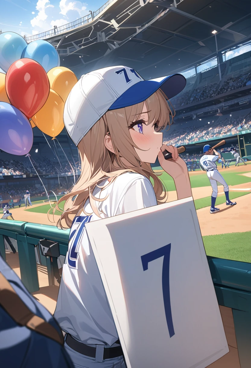 masterpiece, best quality, extremely detailed, anime, A girl, a baseball cap, a baseball field, watching a baseball game, ((holding placard with the number 7 written on it)), lots of balloons flying,