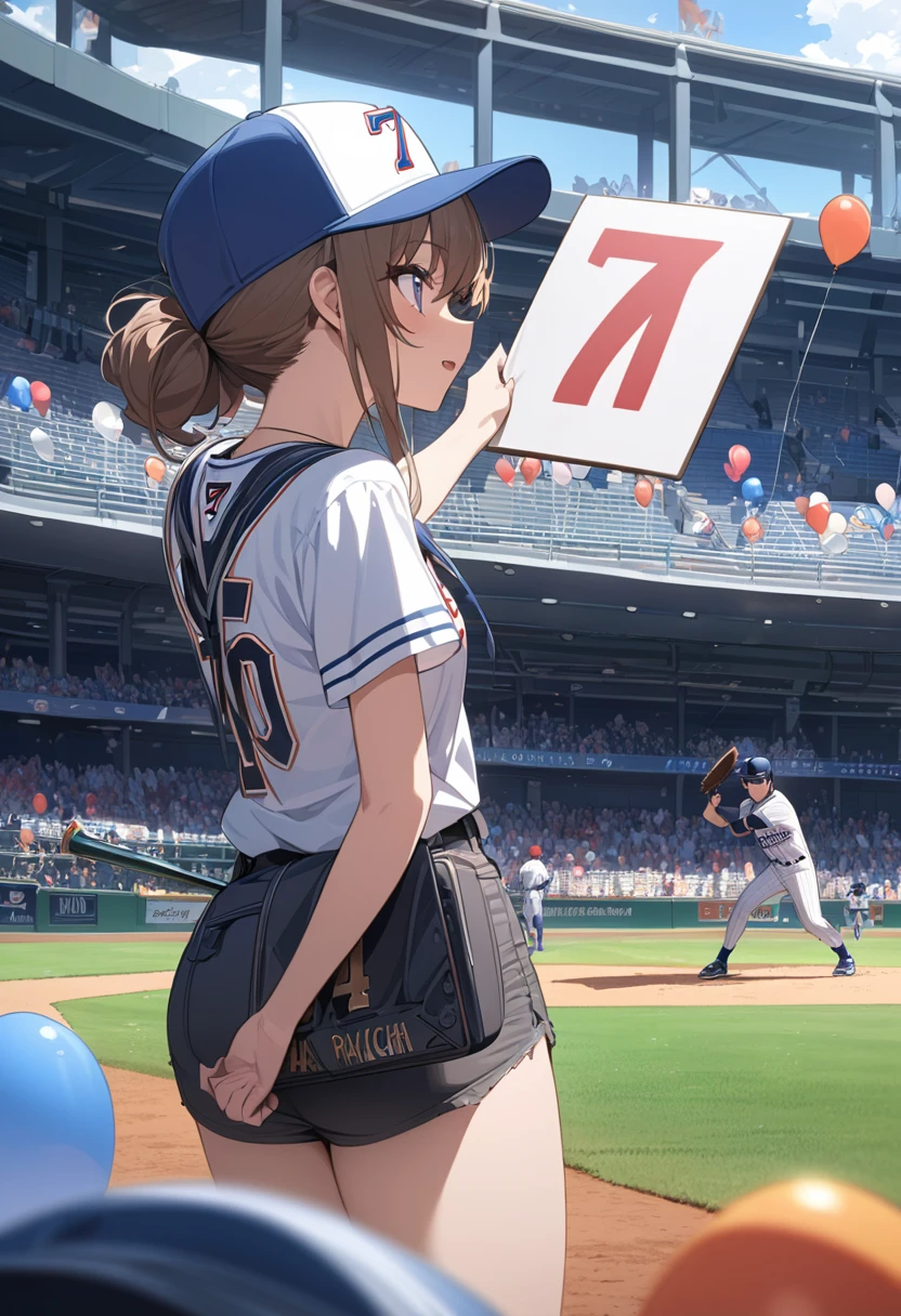 masterpiece, best quality, extremely detailed, anime, A girl, a baseball cap, a baseball field, watching a baseball game, ((holding placard with the number 7 written on it)), lots of balloons flying,