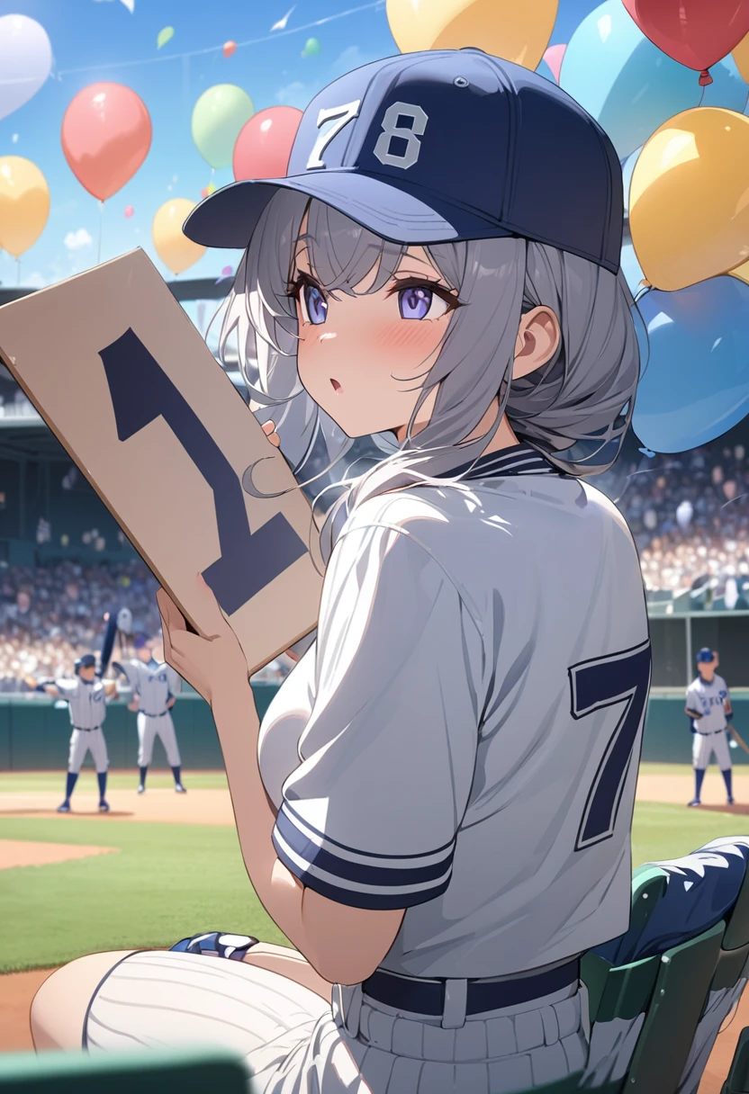 masterpiece, best quality, extremely detailed, anime, A girl, a baseball cap, a baseball field, watching a baseball game, ((holding placard with the number 7 written on it)), lots of balloons flying,